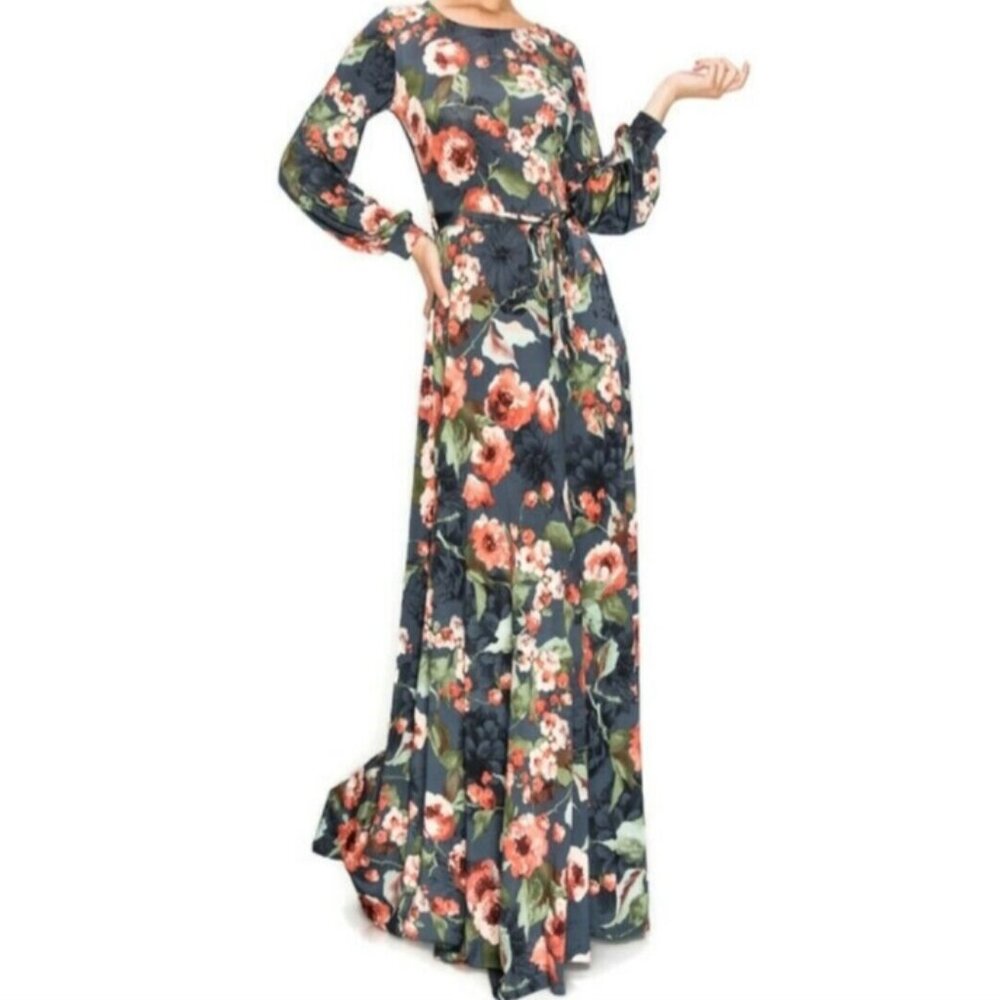 Janette Fashion Gray Blush Floral Bell Long Sleeve Evening Formal Maxi Dress